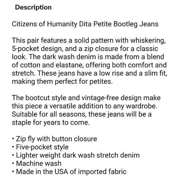 Citizens of Humanity Dita Petite Bootleg Jeans  Size 27  (inseam 30)  Dark Wash - Picture 11 of 12